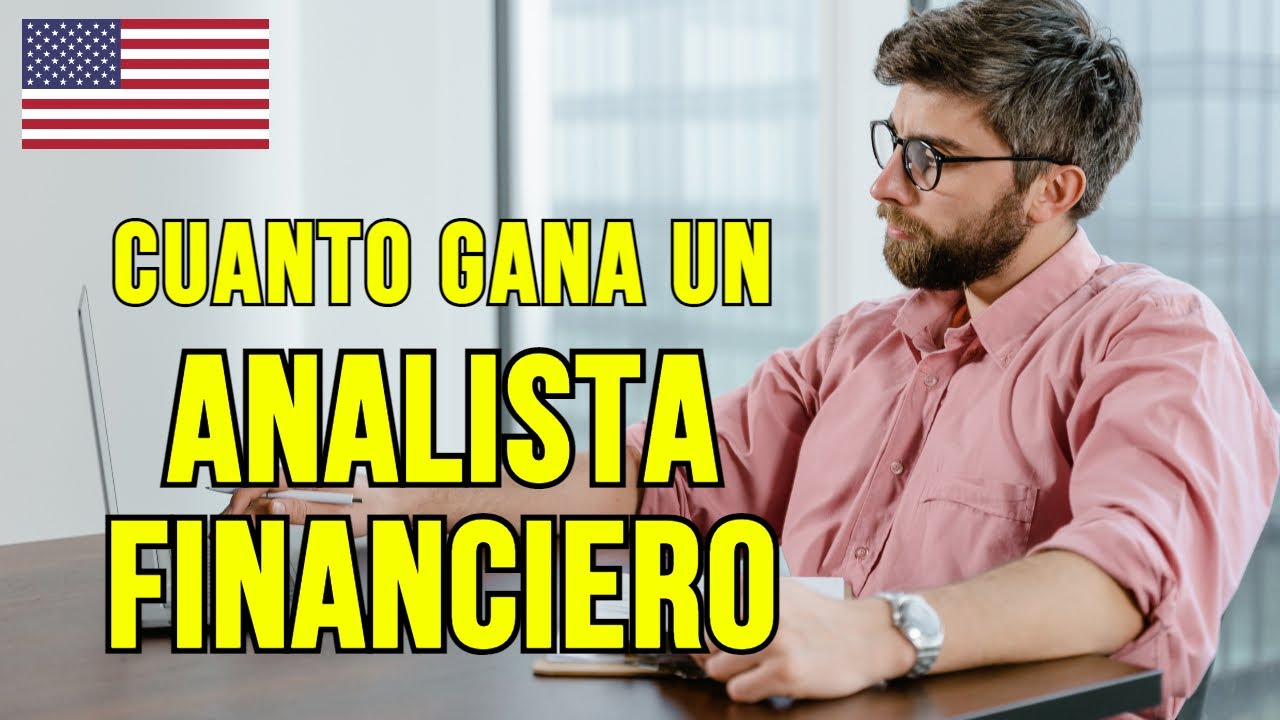 Descubre cuánto gana un financiero en Estados Unidos: ¡Datos actualizados y sorprendentes! Hombre con gafas y barba trabajando en portátil junto a texto grande y bandera de Estados Unidos