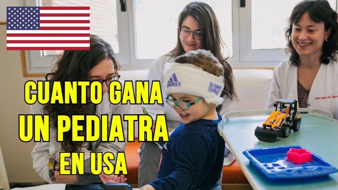 Descubre el salario de un pediatra en Estados Unidos y sorpréndete con las cifras: pediatras en consulta con un niño, juguetes y bandera estadounidense