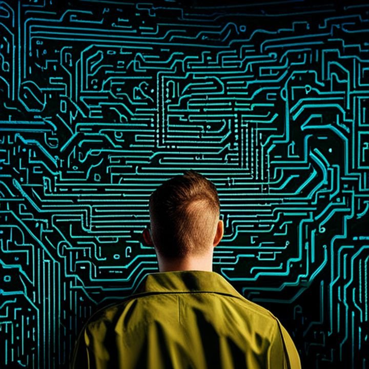 Un hacker mirando una pantalla de computadora con código binario y un candado digital en primer plano