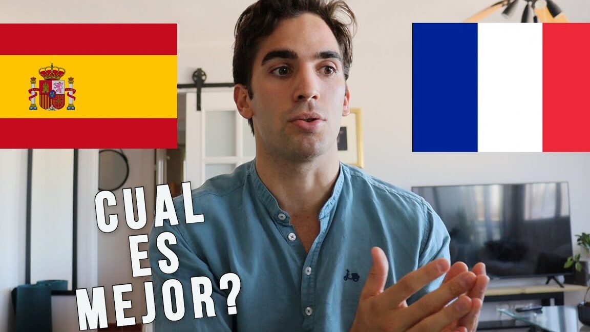 Hombre hablando en vídeo con las banderas de España y Francia y texto '¿Cuál es mejor?' Descubre cuánto gana una asistente dental en Estados Unidos y las ciudades mejor pagadas