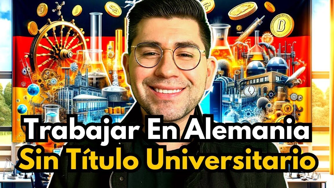 Descubre cuánto gana una enfermera en Alemania y cómo maximizar tu sueldo en el sector sanitario en un diseño que muestra a un profesional sonriente, la bandera alemana, laboratorio, fábricas y monedas representando salarios y oportunidades laborales