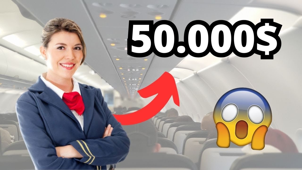 Azafata sonriente dentro de la cabina de un avión junto a un gran texto de 50.000$, flecha roja y emoji sorprendido; Descubre el salario de una azafata en Estados Unidos y cómo convertirte en una: ¡Datos reveladores!