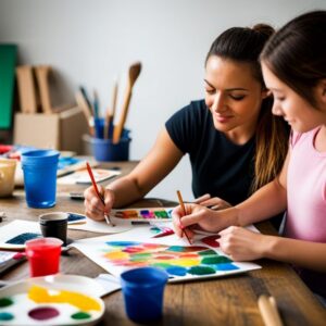Un grupo de personas dibujando en solitario mientras otras colaboran en equipo para crear una obra de arte