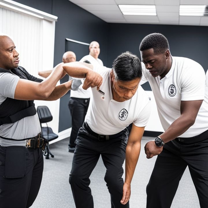 Un instructor de defensa personal enseñando técnicas a un grupo de vigilantes de seguridad en un curso de capacitación