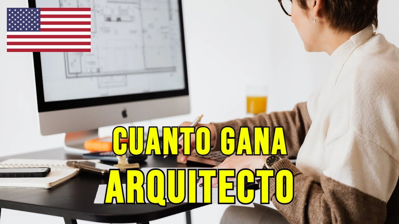 Descubre cuánto gana un arquitecto en Estados Unidos en 2024: ¡Datos actualizados y cifras sorprendentes! Persona trabajando frente a un ordenador con planos y bandera de Estados Unidos, texto destacado sobre salario de arquitecto