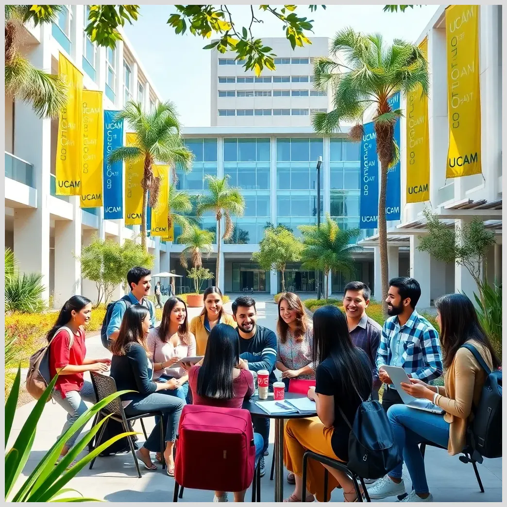 Campus moderno con estudiantes estudiando