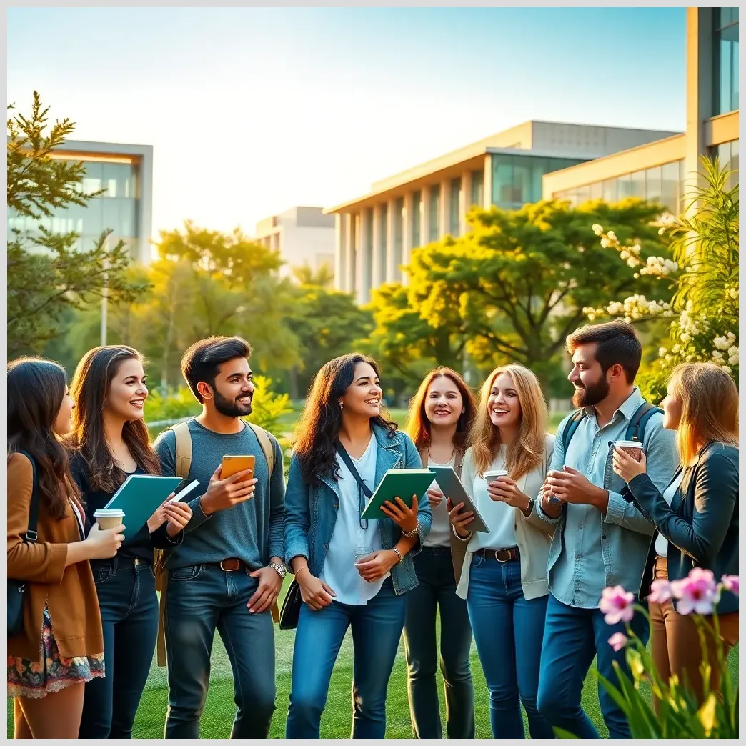Campus moderno y estudiantes opinando