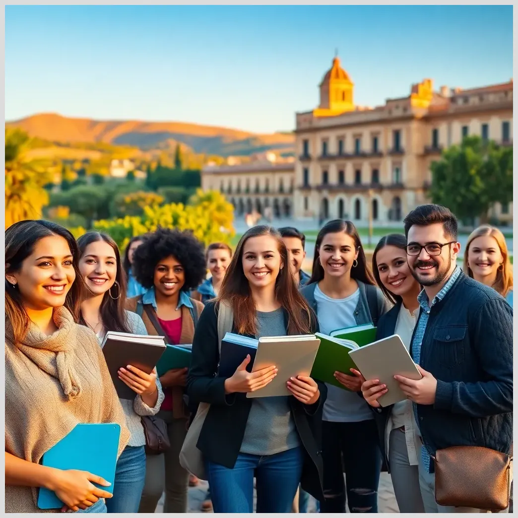 Campus moderno y estudiantes felices